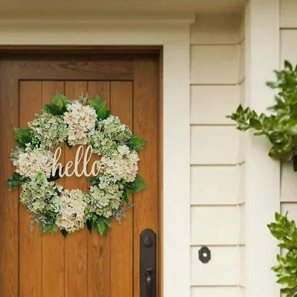 Artificial Green Hydrangea Door Wreath with Rustic Hello Sign