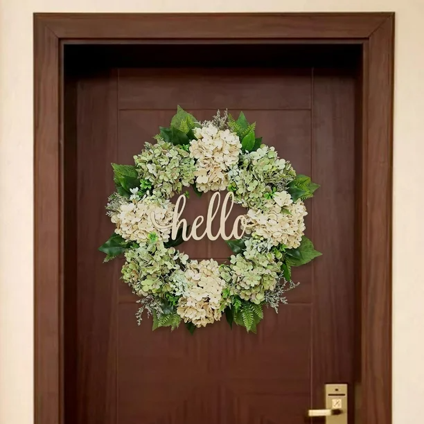 Artificial Green Hydrangea Door Wreath with Rustic Hello Sign
