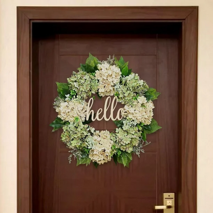 Artificial Green Hydrangea Door Wreath with Rustic Hello Sign