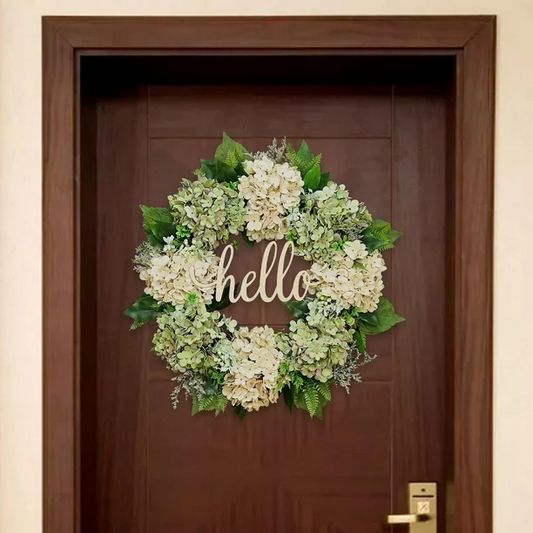 Artificial Green Hydrangea Door Wreath with Rustic Hello Sign