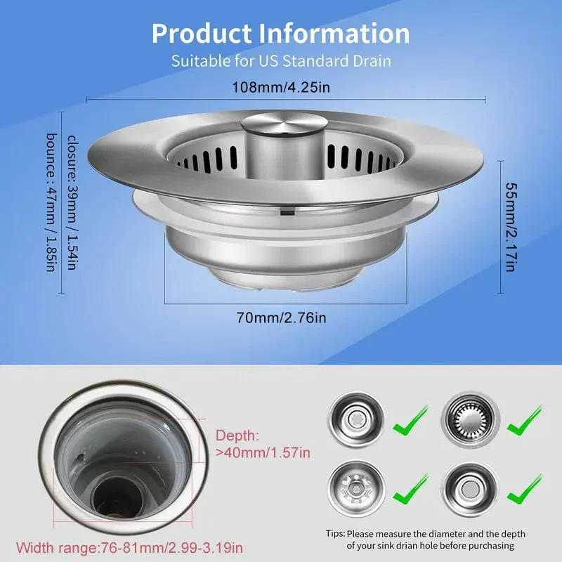 Kitchen Sink Drain Basket Filter Stainless Steel