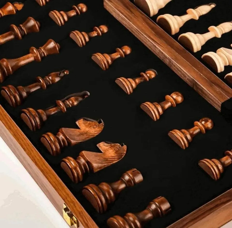 Classic Wooden Chess Set Folding Board with Storage